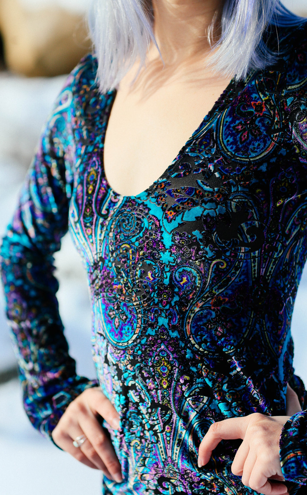 Purple Paisley Burnout Sleeved Echo Cinch Dress