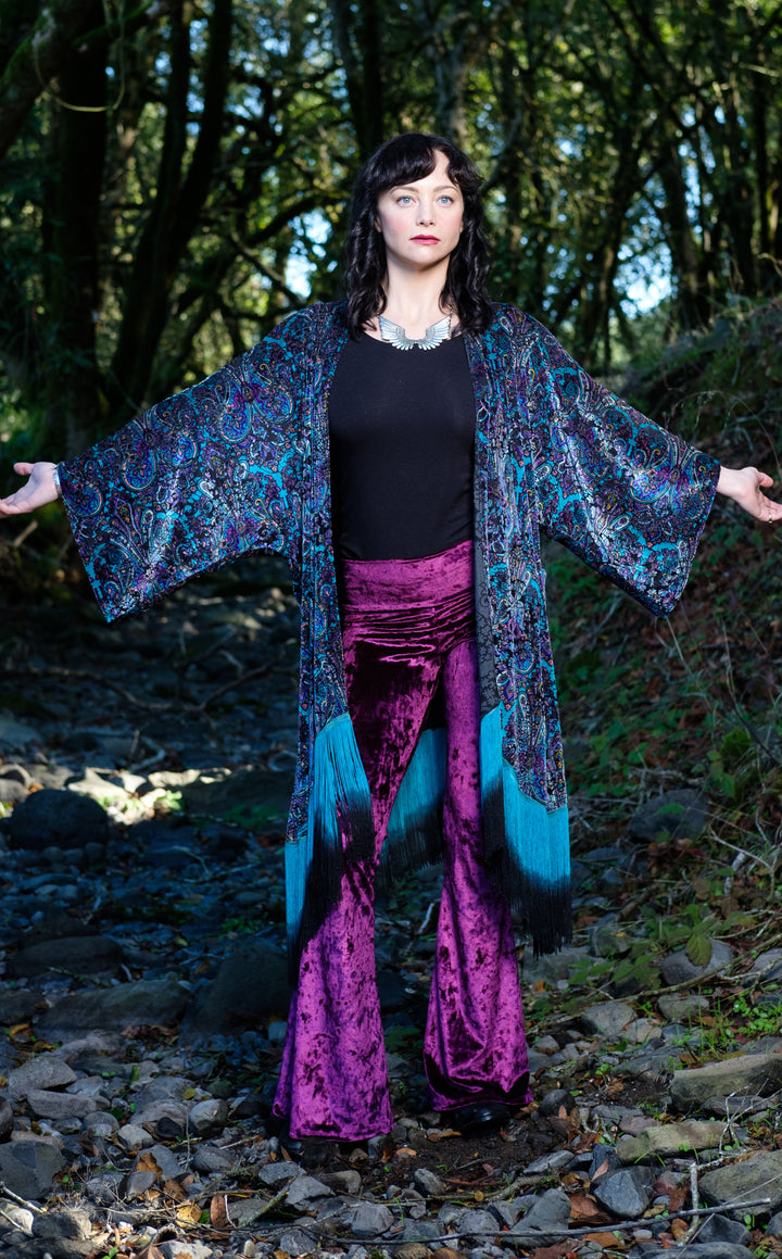 Purple Paisley Burnout Velvet Kimono with Teal/Black Ombre Fringe