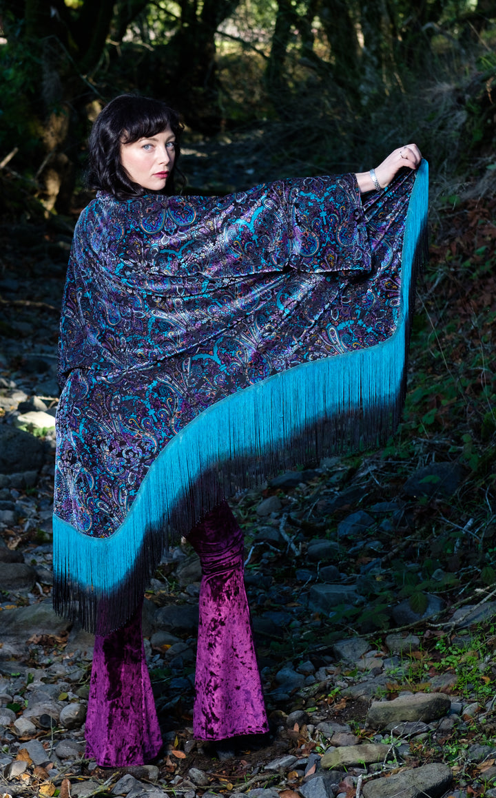 Purple Paisley Burnout Velvet Kimono with Teal/Black Ombre Fringe