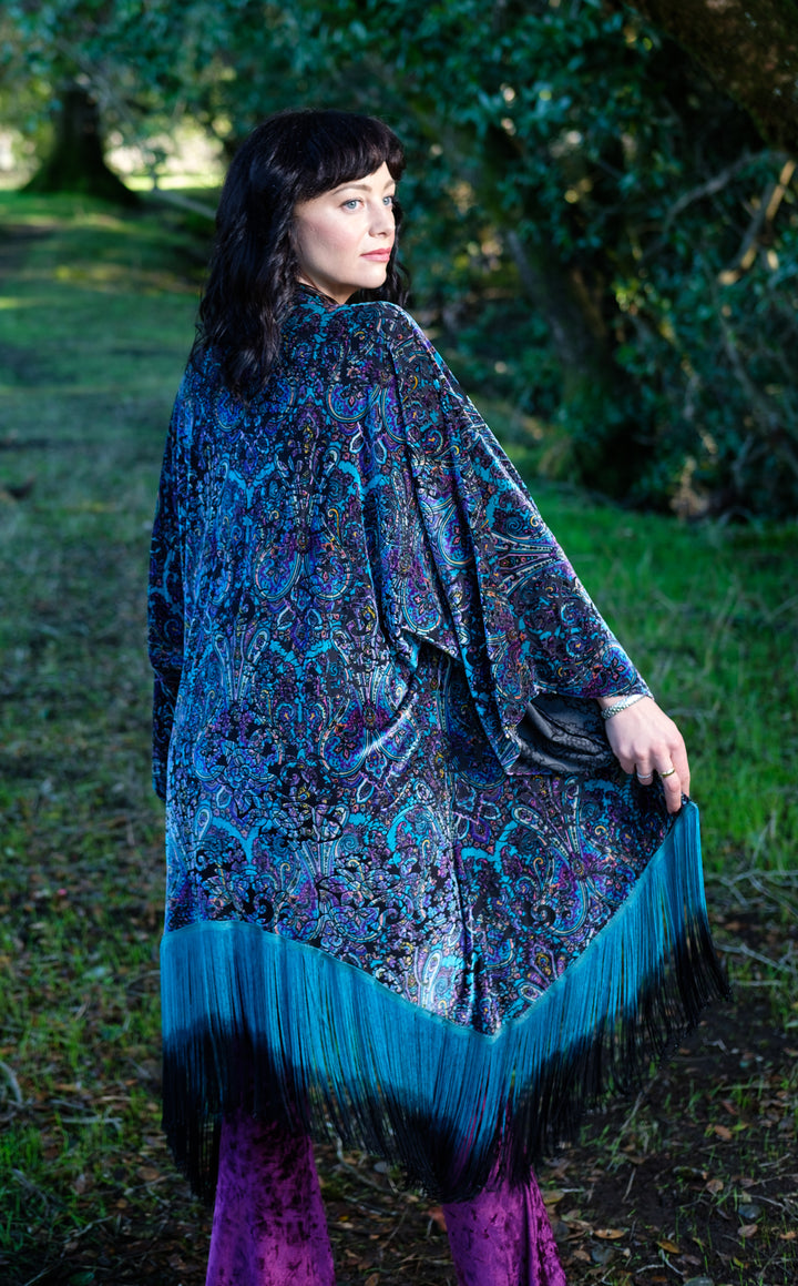 Purple Paisley Burnout Velvet Kimono with Teal/Black Ombre Fringe