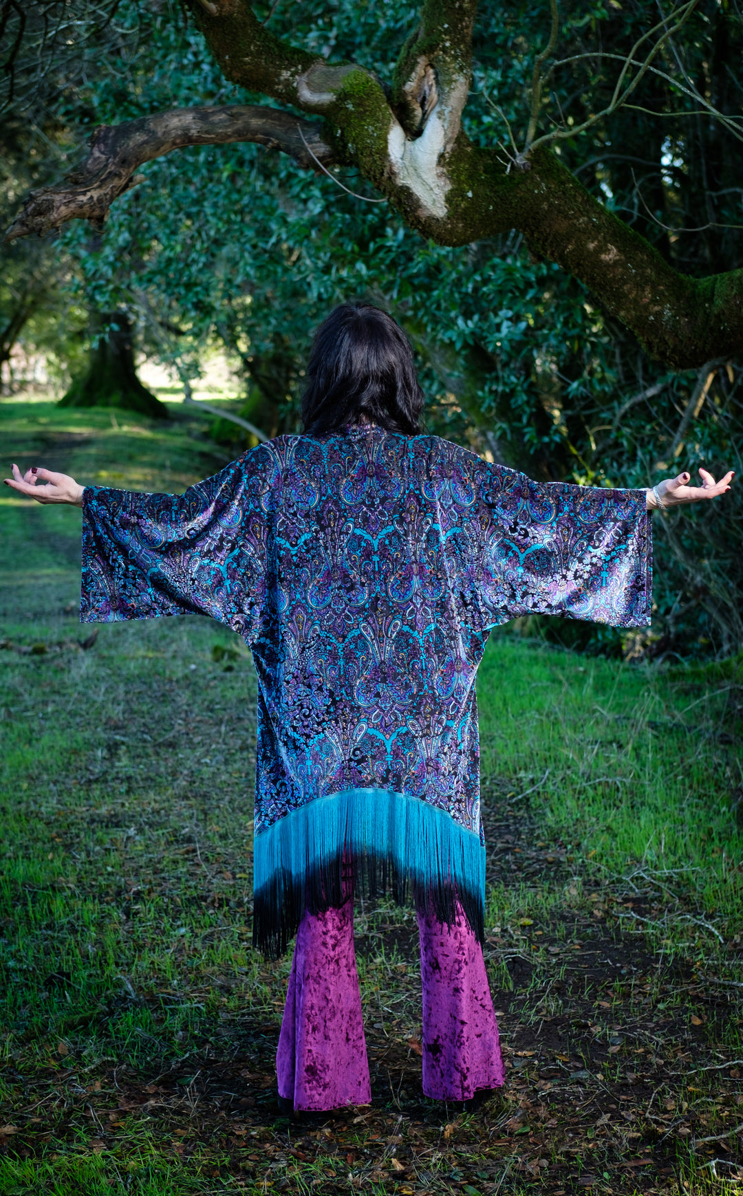 Purple Paisley Burnout Velvet Kimono with Teal/Black Ombre Fringe