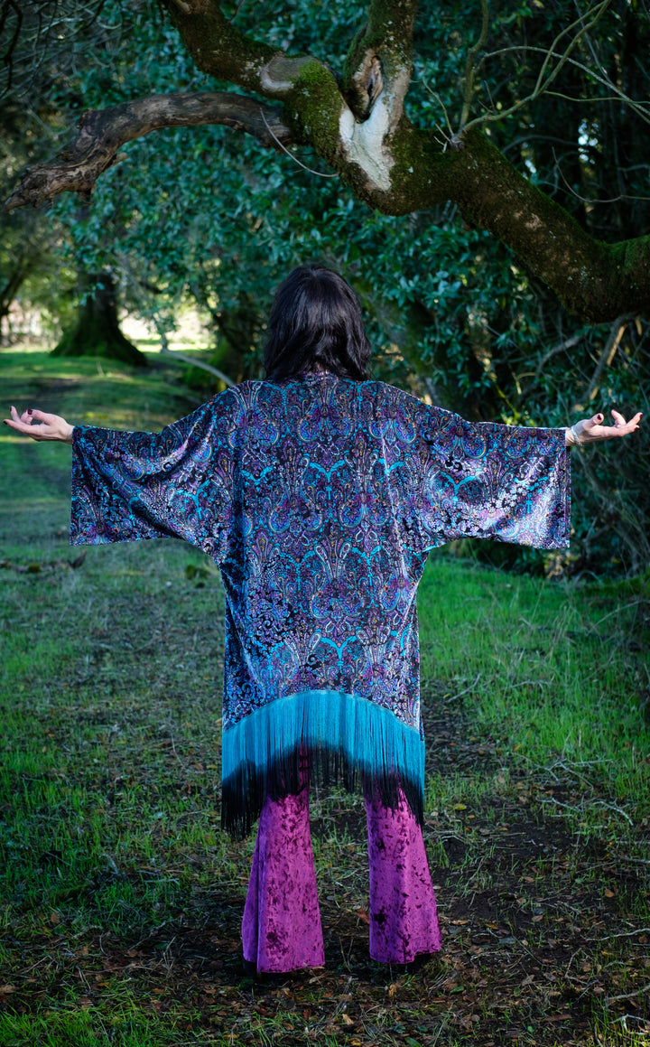 Purple Paisley Burnout Velvet Kimono with Teal/Black Ombre Fringe