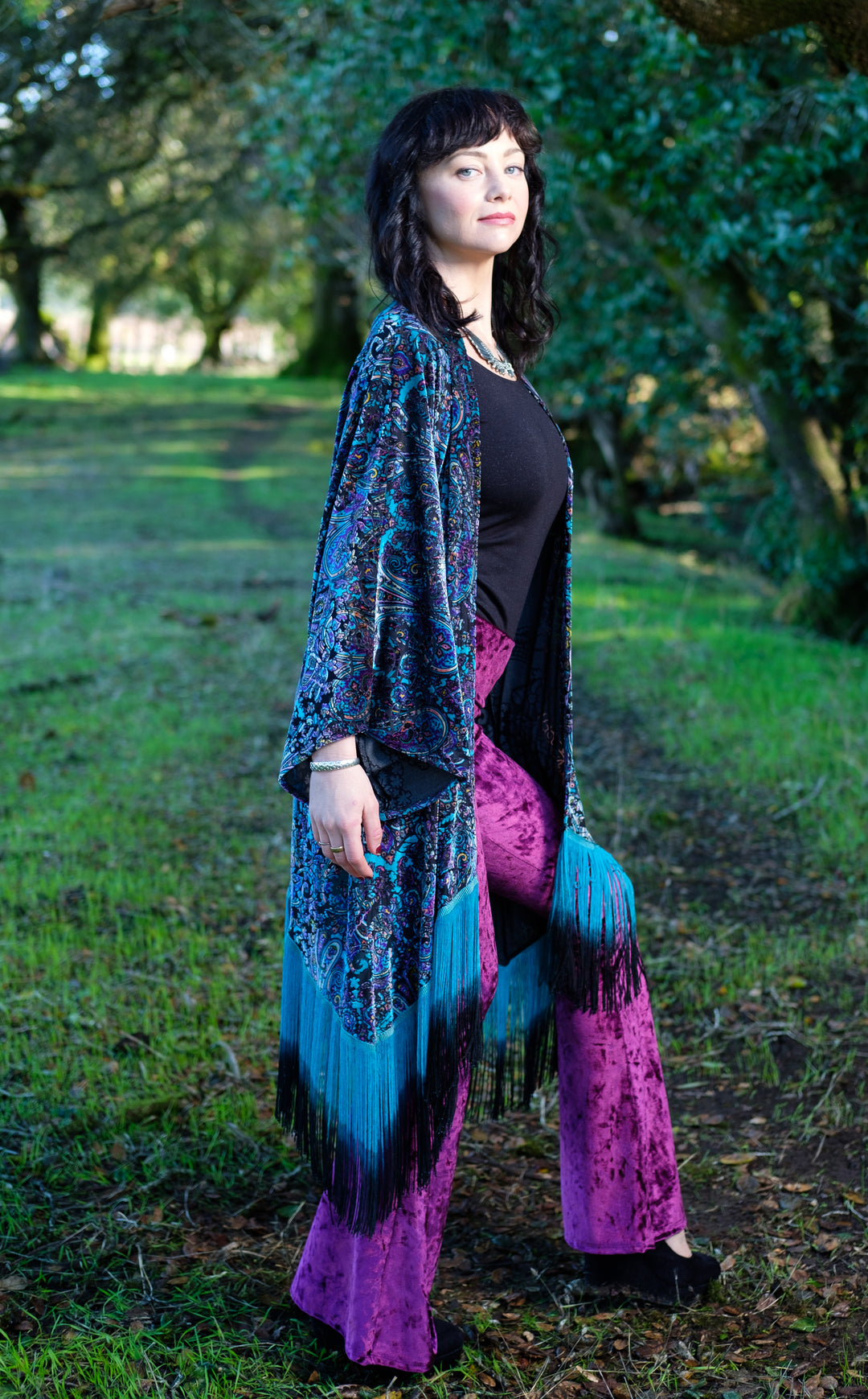 Purple Paisley Burnout Velvet Kimono with Teal/Black Ombre Fringe