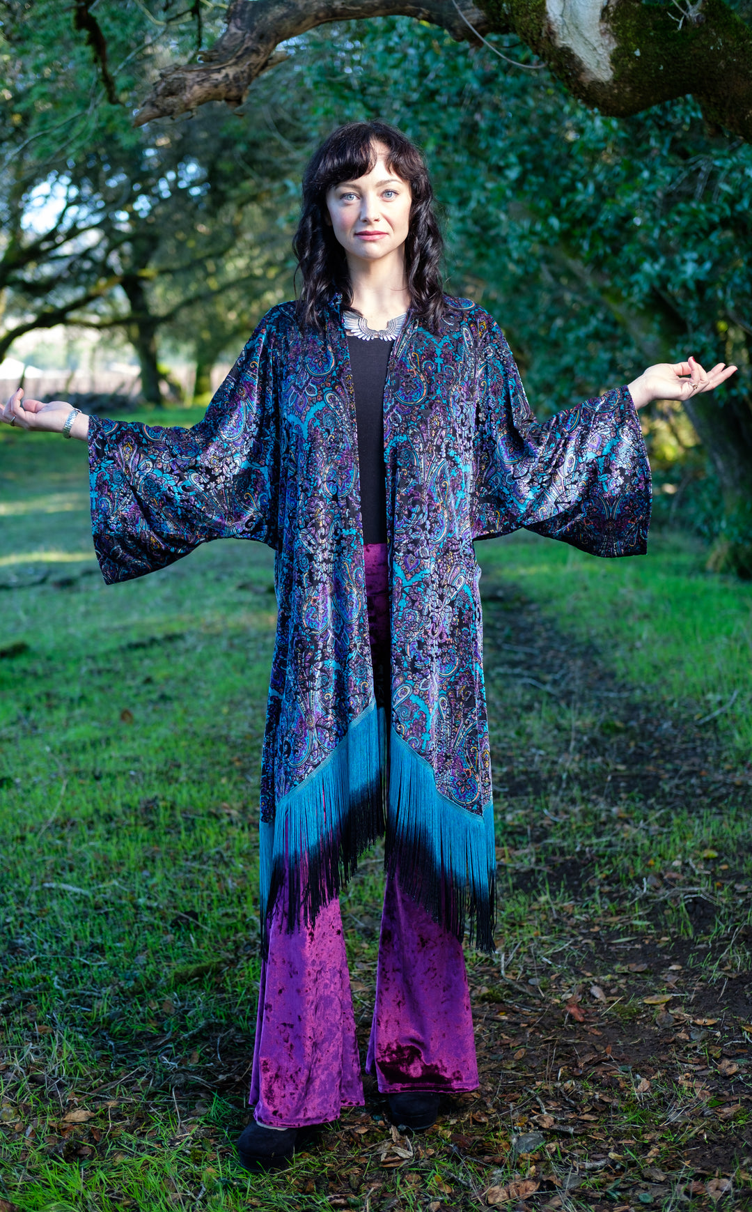 Purple Paisley Burnout Velvet Kimono with Teal/Black Ombre Fringe