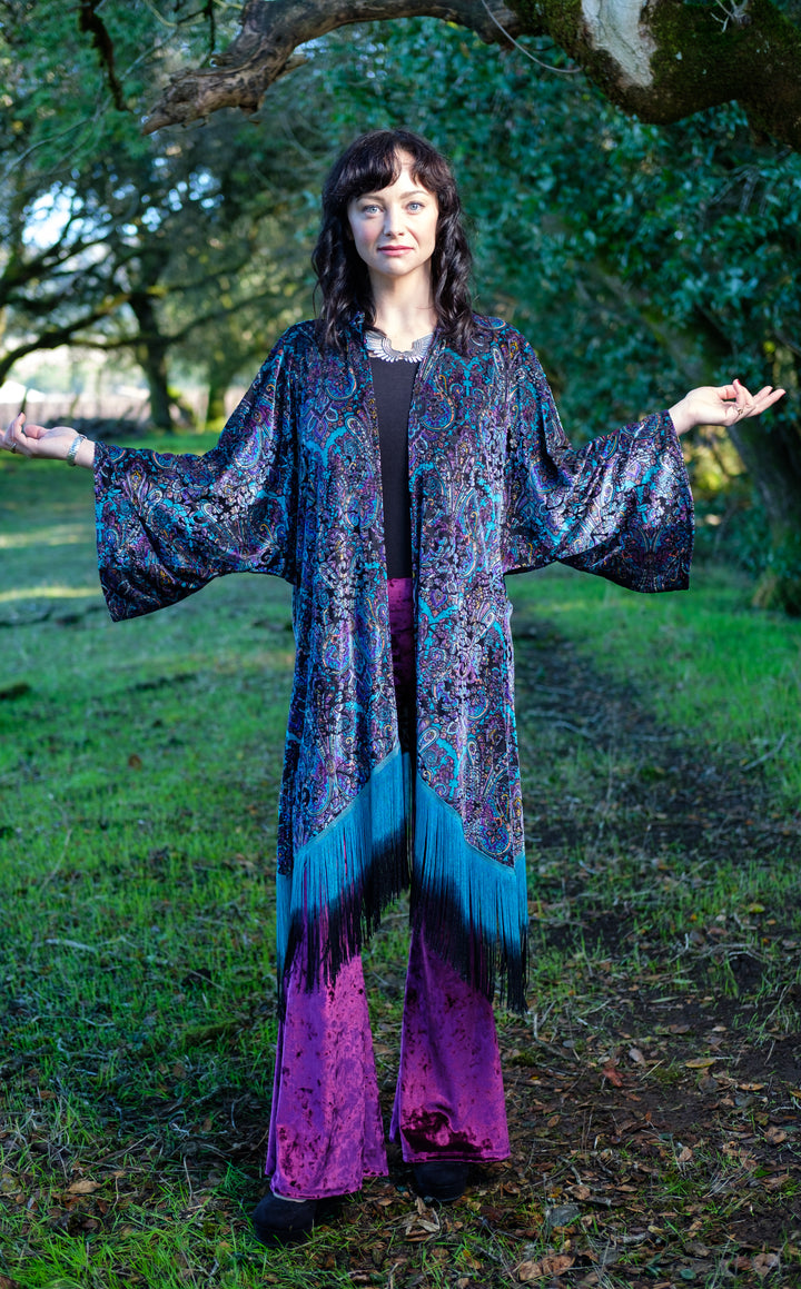 Purple Paisley Burnout Velvet Kimono with Teal/Black Ombre Fringe