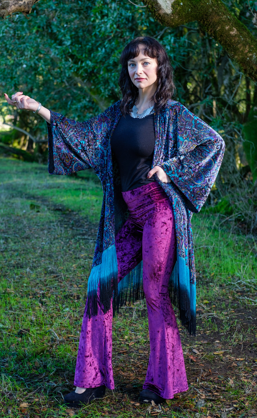 Purple Paisley Burnout Velvet Kimono with Teal/Black Ombre Fringe