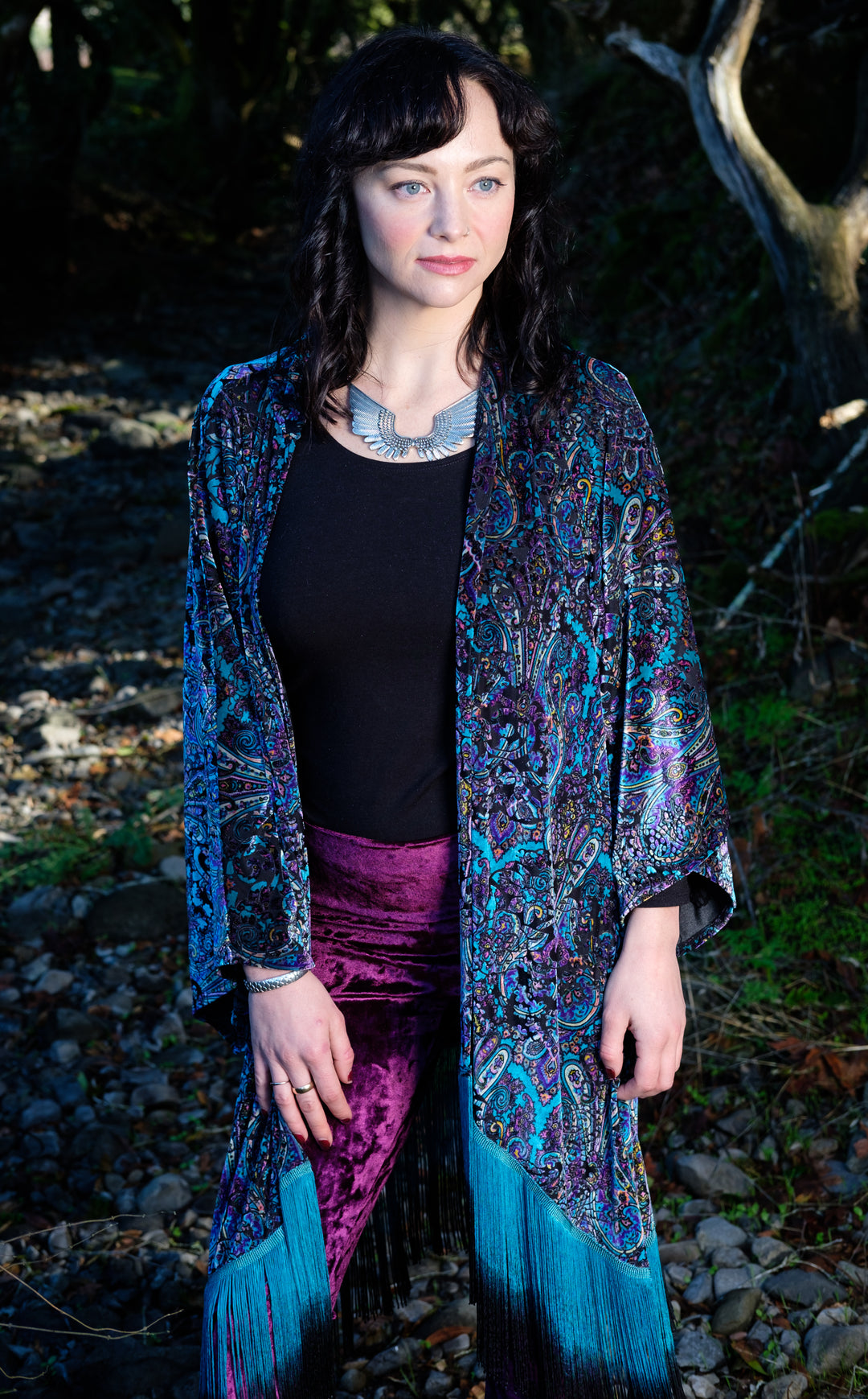 Purple Paisley Burnout Velvet Kimono with Teal/Black Ombre Fringe