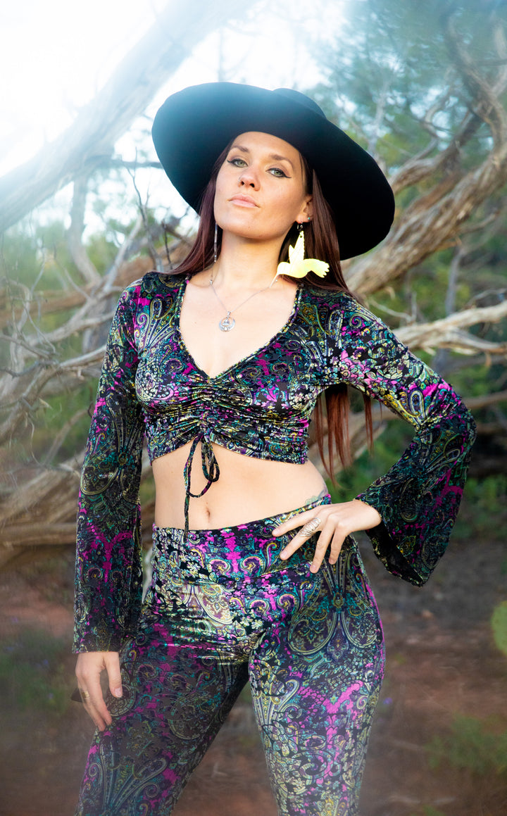 Pink Paisley Burnout Velvet Bell Sleeve Cinch Top