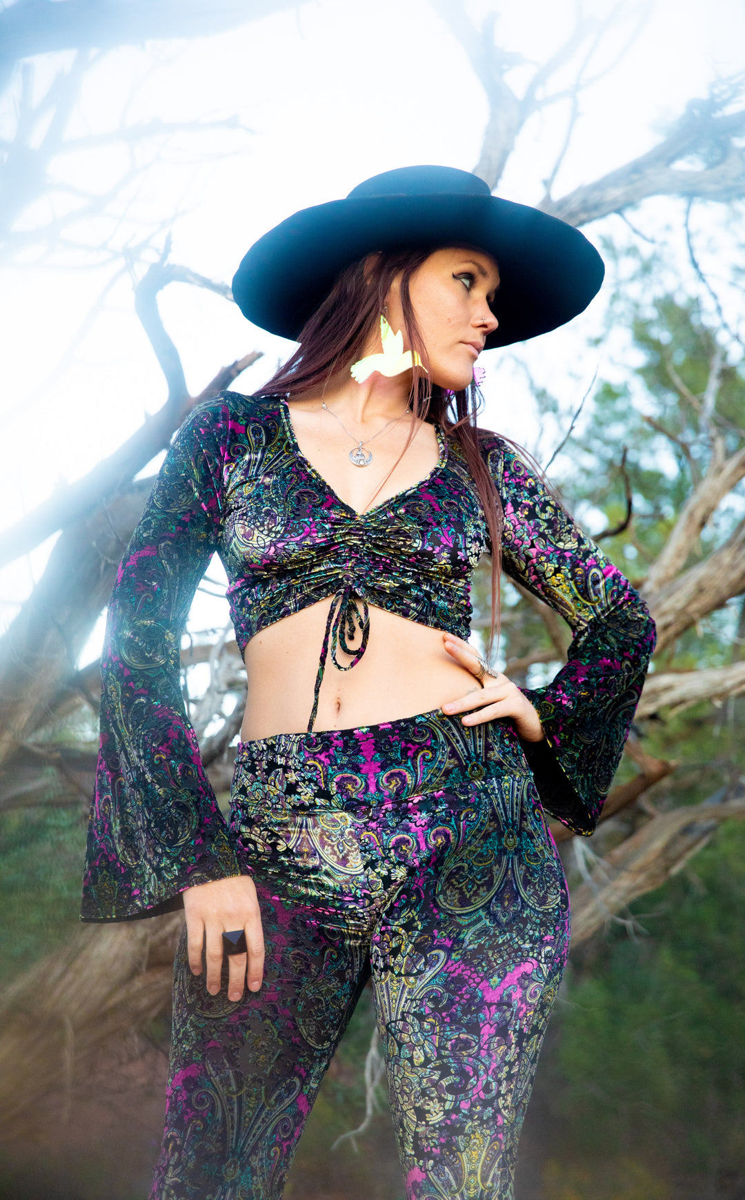 Pink Paisley Burnout Velvet Bell Sleeve Cinch Top