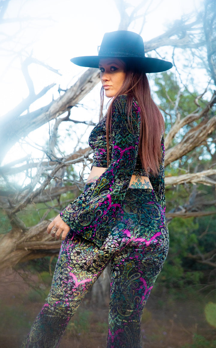 Pink Paisley Burnout Velvet Bell Sleeve Cinch Top