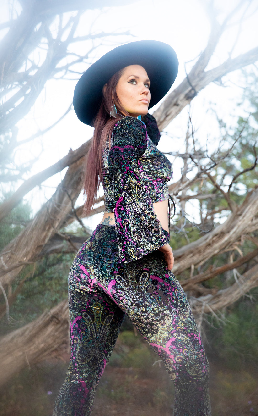 Pink Paisley Burnout Velvet Bell Sleeve Cinch Top