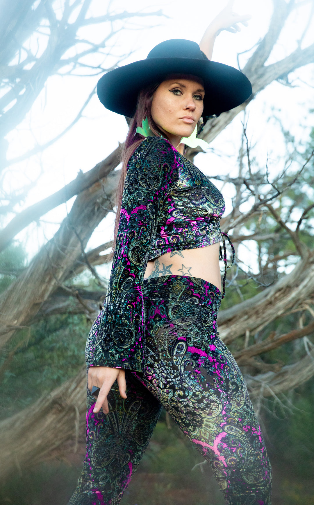 Pink Paisley Burnout Velvet Bell Sleeve Cinch Top