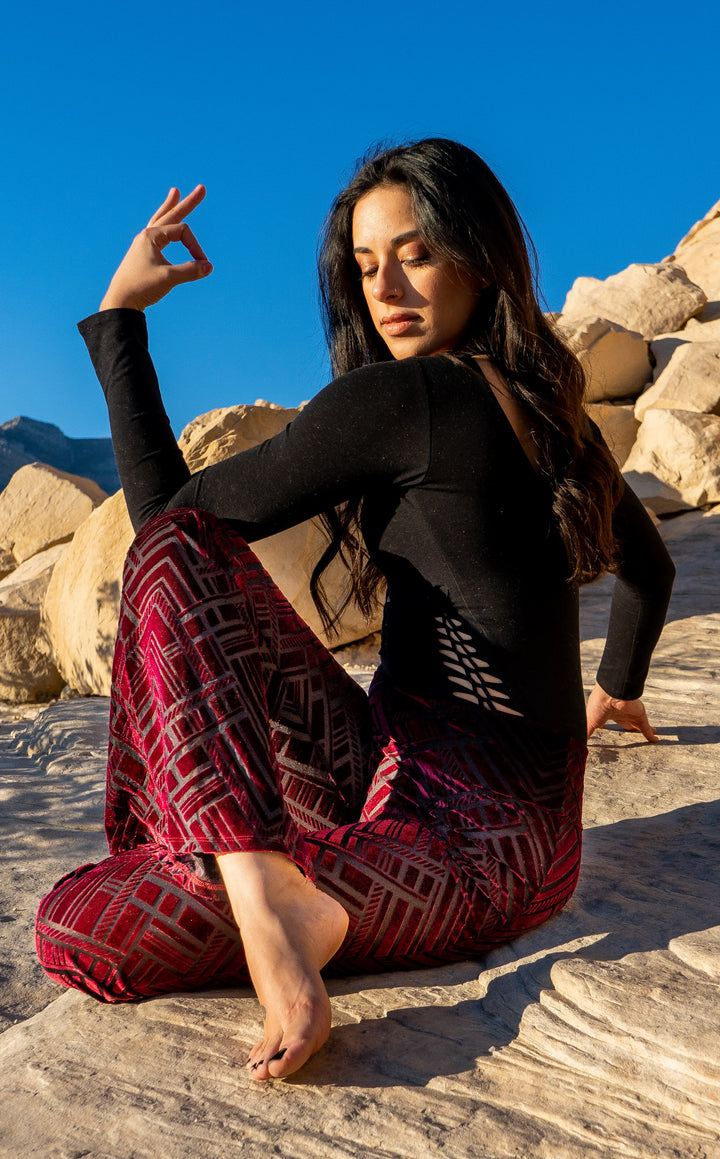 Maroon Chevron Burnout Velvet Slim Bells