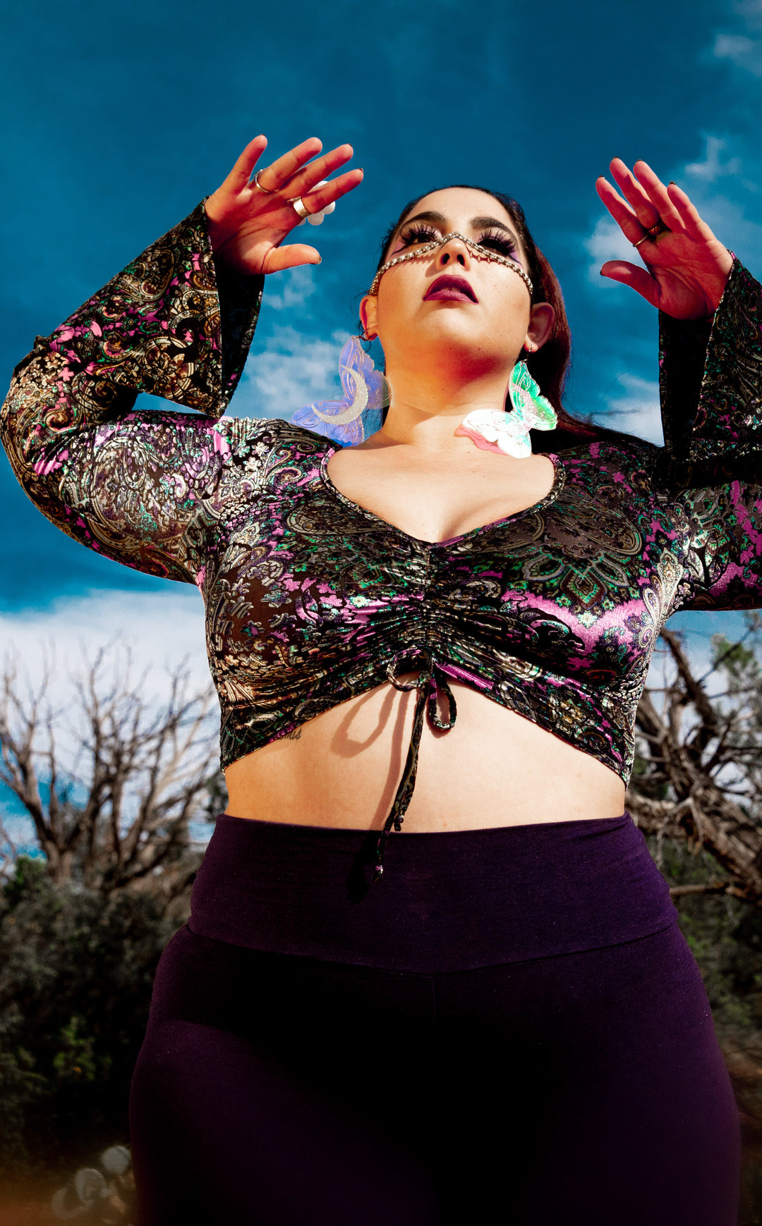 Pink Paisley Burnout Velvet Bell Sleeve Cinch Top -