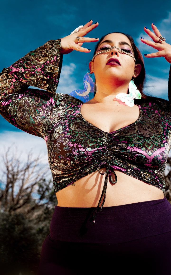 Pink Paisley Burnout Velvet Bell Sleeve Cinch Top -