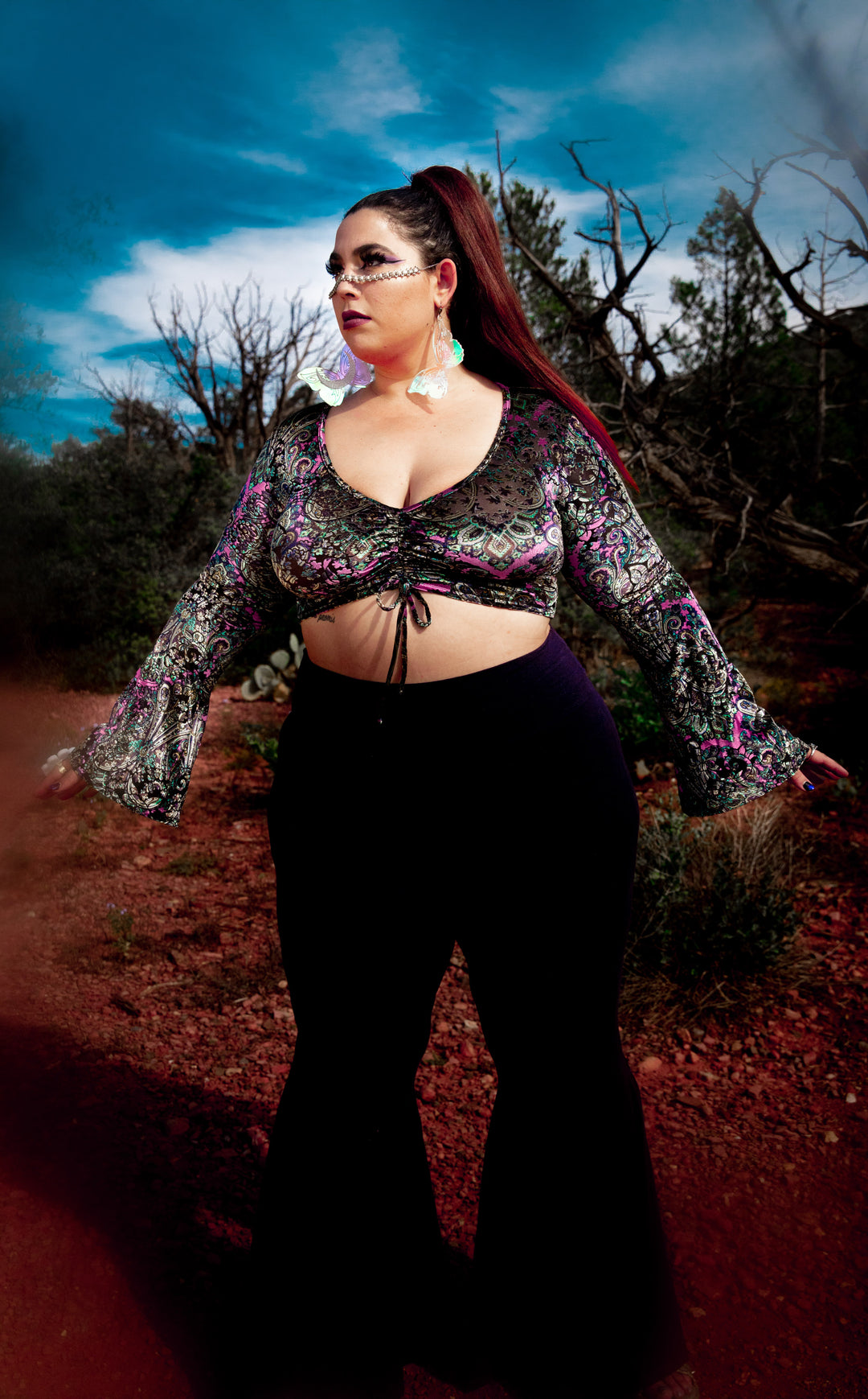 Pink Paisley Burnout Velvet Bell Sleeve Cinch Top -