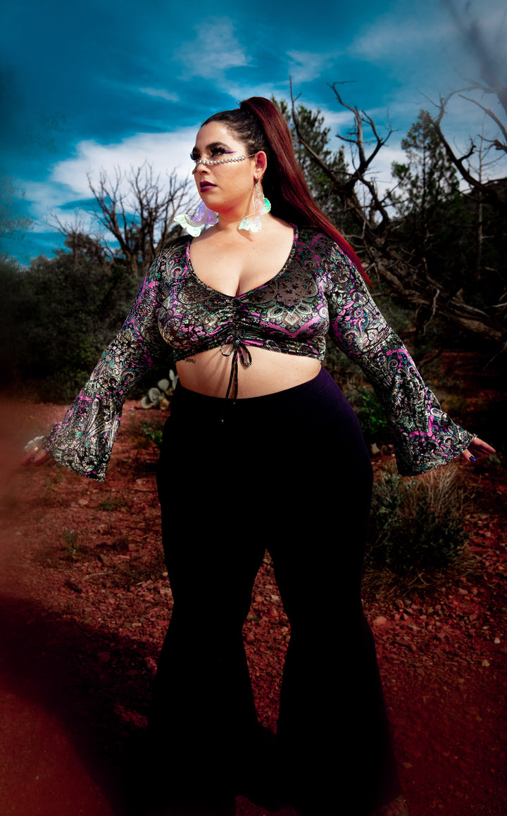 Pink Paisley Burnout Velvet Bell Sleeve Cinch Top -