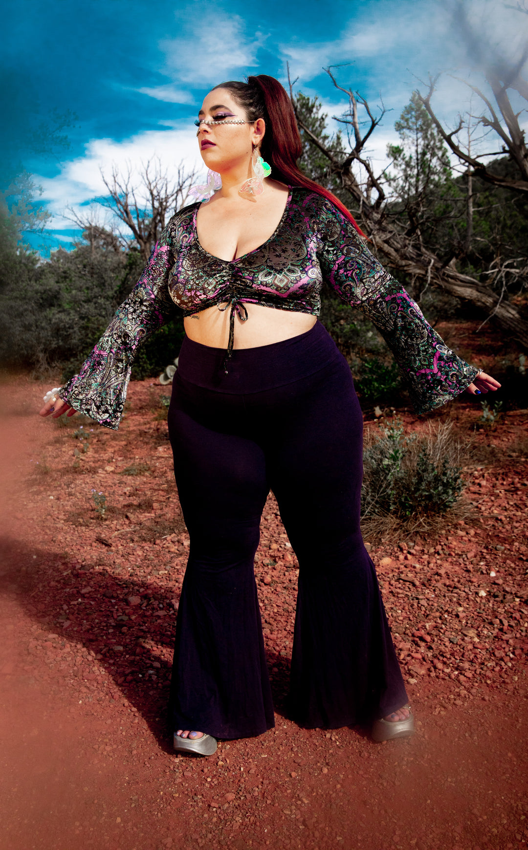 Pink Paisley Burnout Velvet Bell Sleeve Cinch Top -