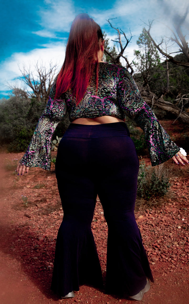 Pink Paisley Burnout Velvet Bell Sleeve Cinch Top -