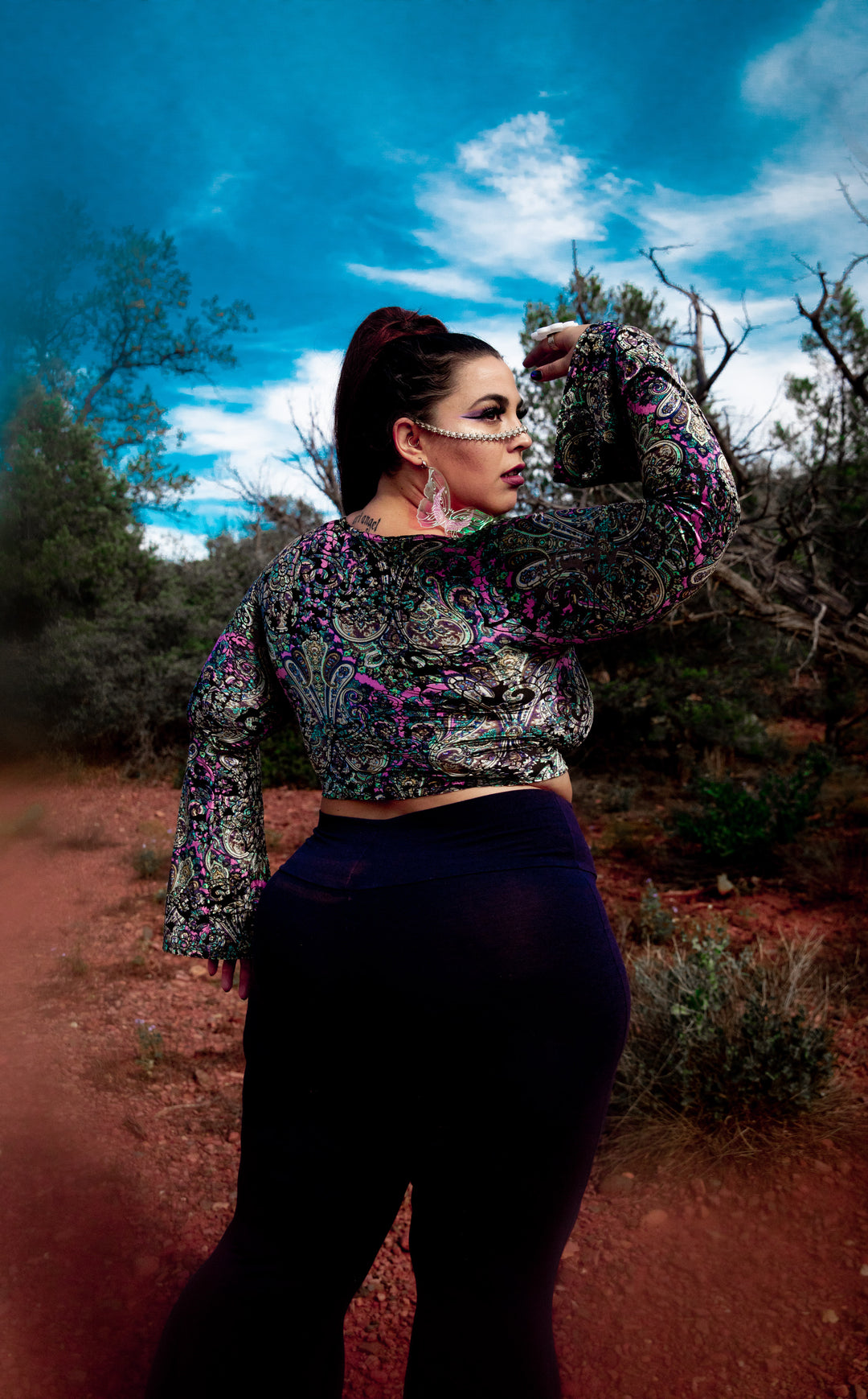 Pink Paisley Burnout Velvet Bell Sleeve Cinch Top -