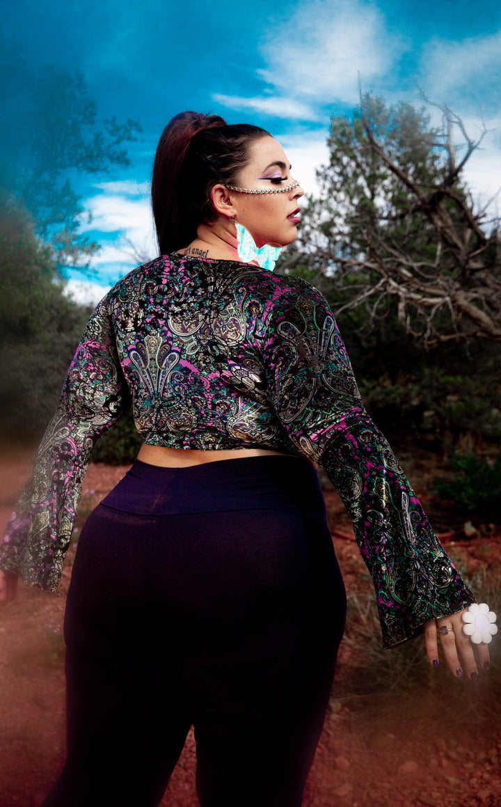 Pink Paisley Burnout Velvet Bell Sleeve Cinch Top -