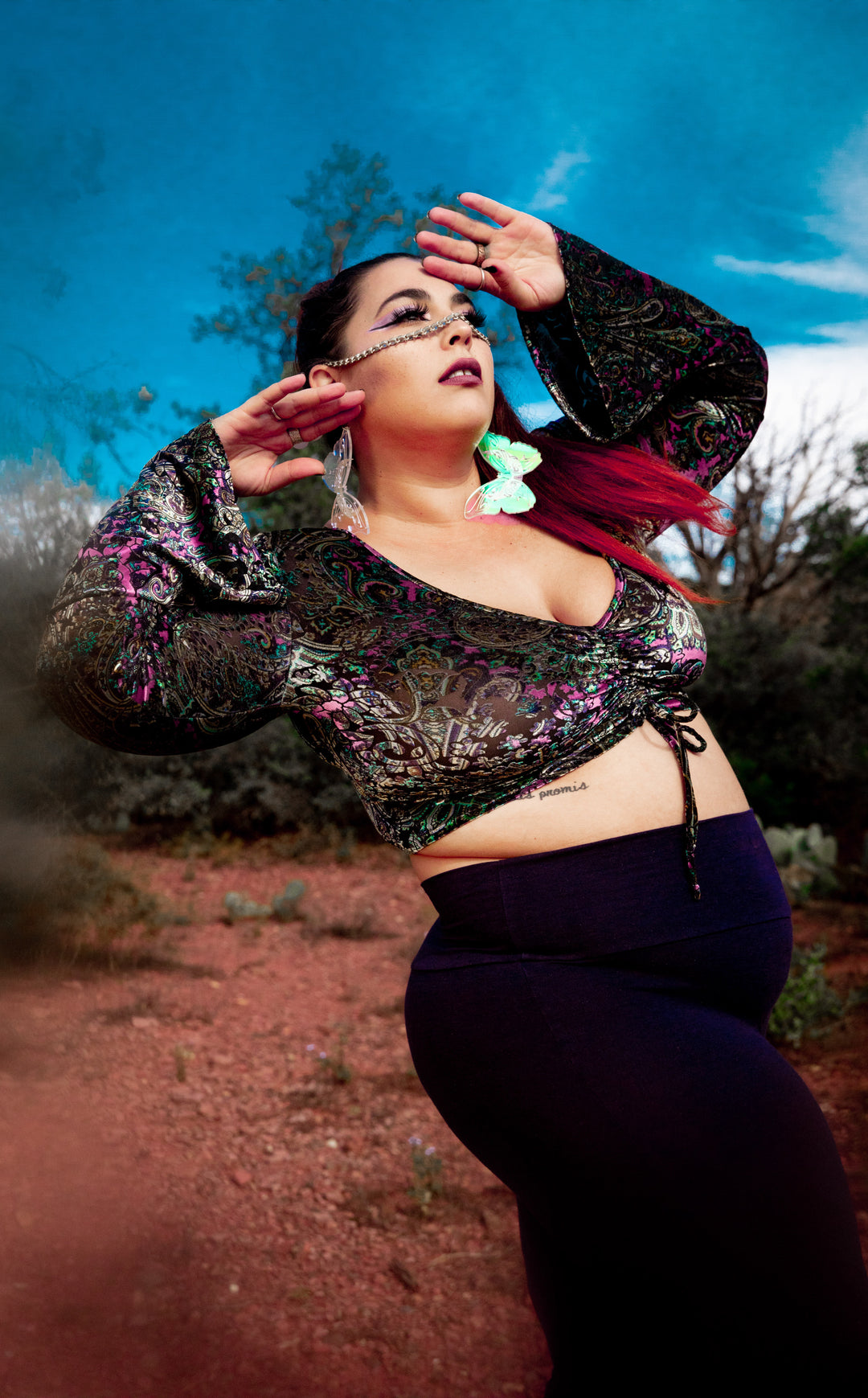 Pink Paisley Burnout Velvet Bell Sleeve Cinch Top -