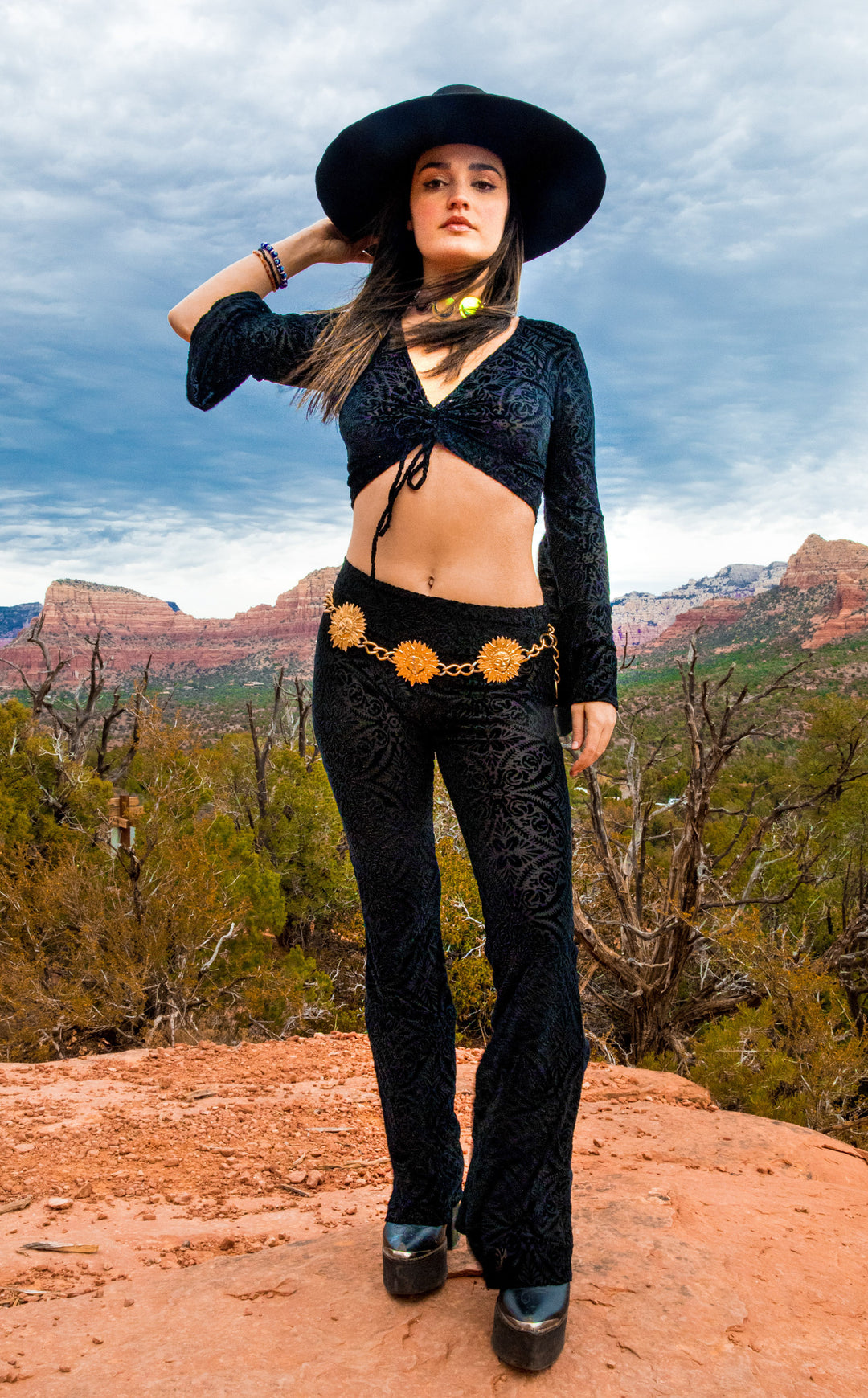 Midnight Burnout Velvet Bell Sleeve Cinch Top