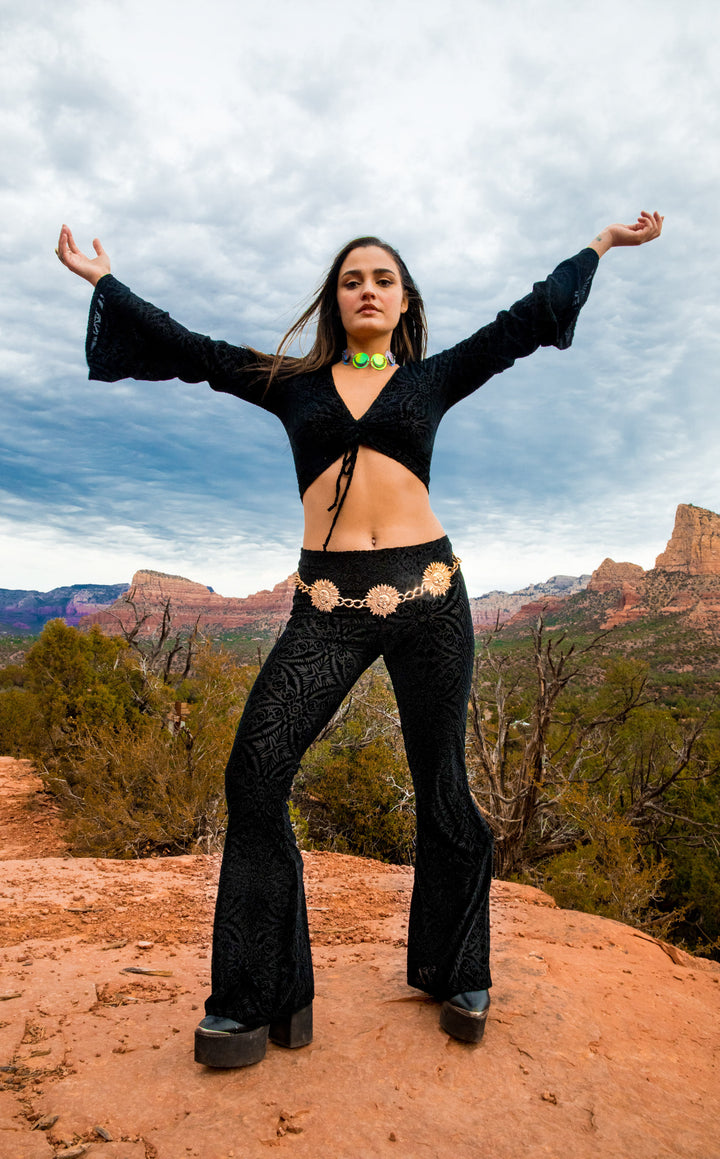 Midnight Burnout Velvet Bell Sleeve Cinch Top