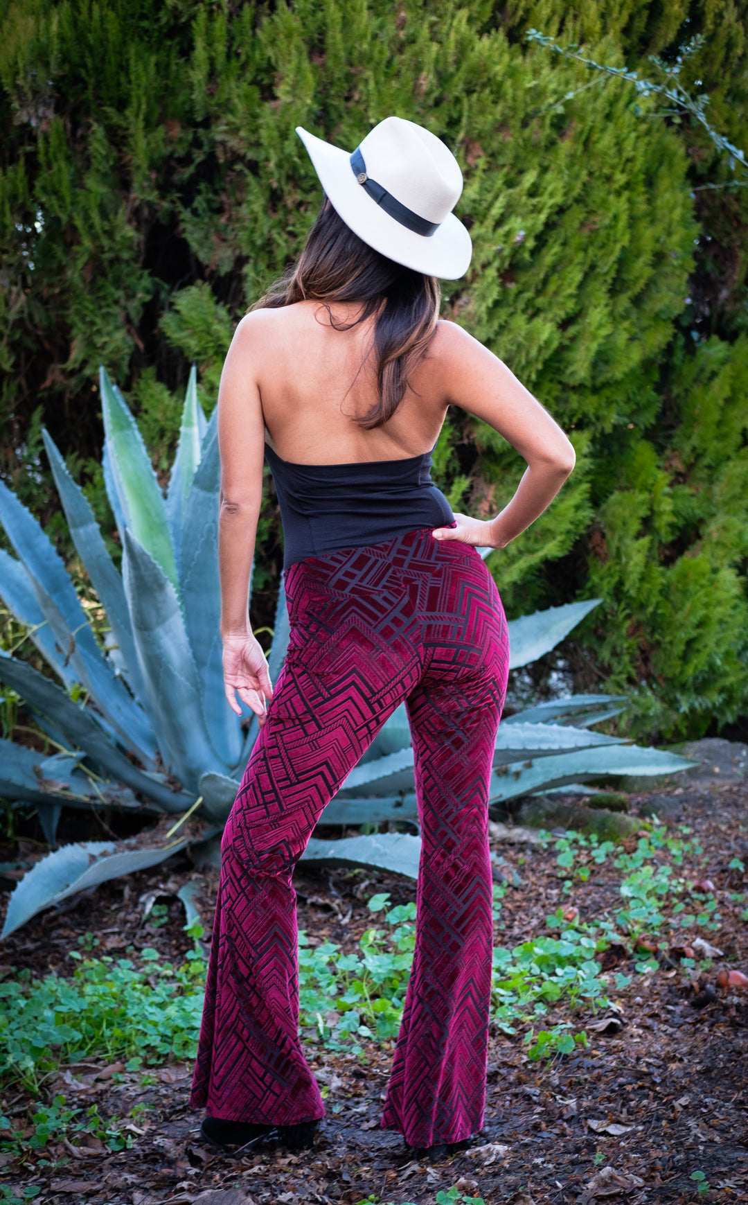 Maroon Chevron Burnout Velvet Slim Bells