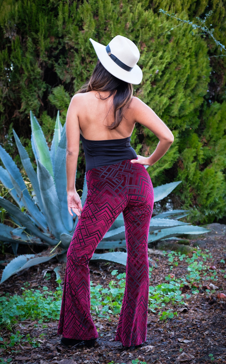 Maroon Chevron Burnout Velvet Slim Bells