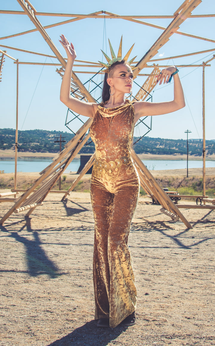 Stardust Gold Velvet Mystique Slim Bell Onesie - Warrior Within Designs ,Onesie 