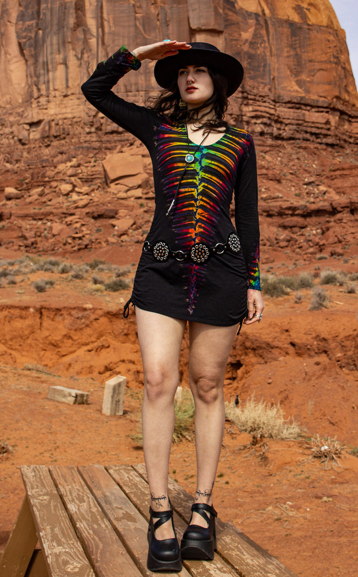 Rainbow Bones Tie Dye Long Sleeved Echo Cinch Dress