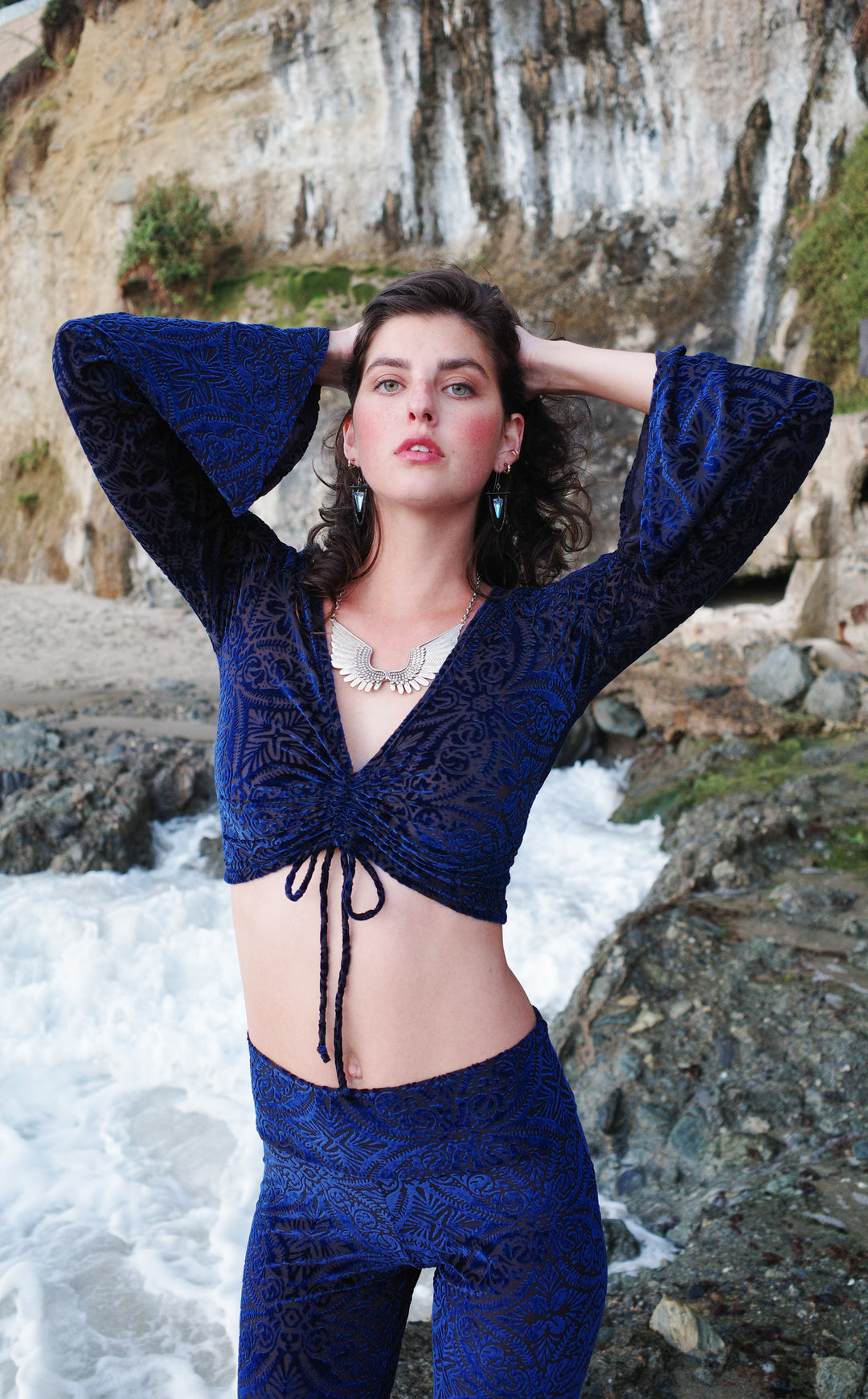 Ocean Burnout Velvet Bell Sleeve Cinch Top