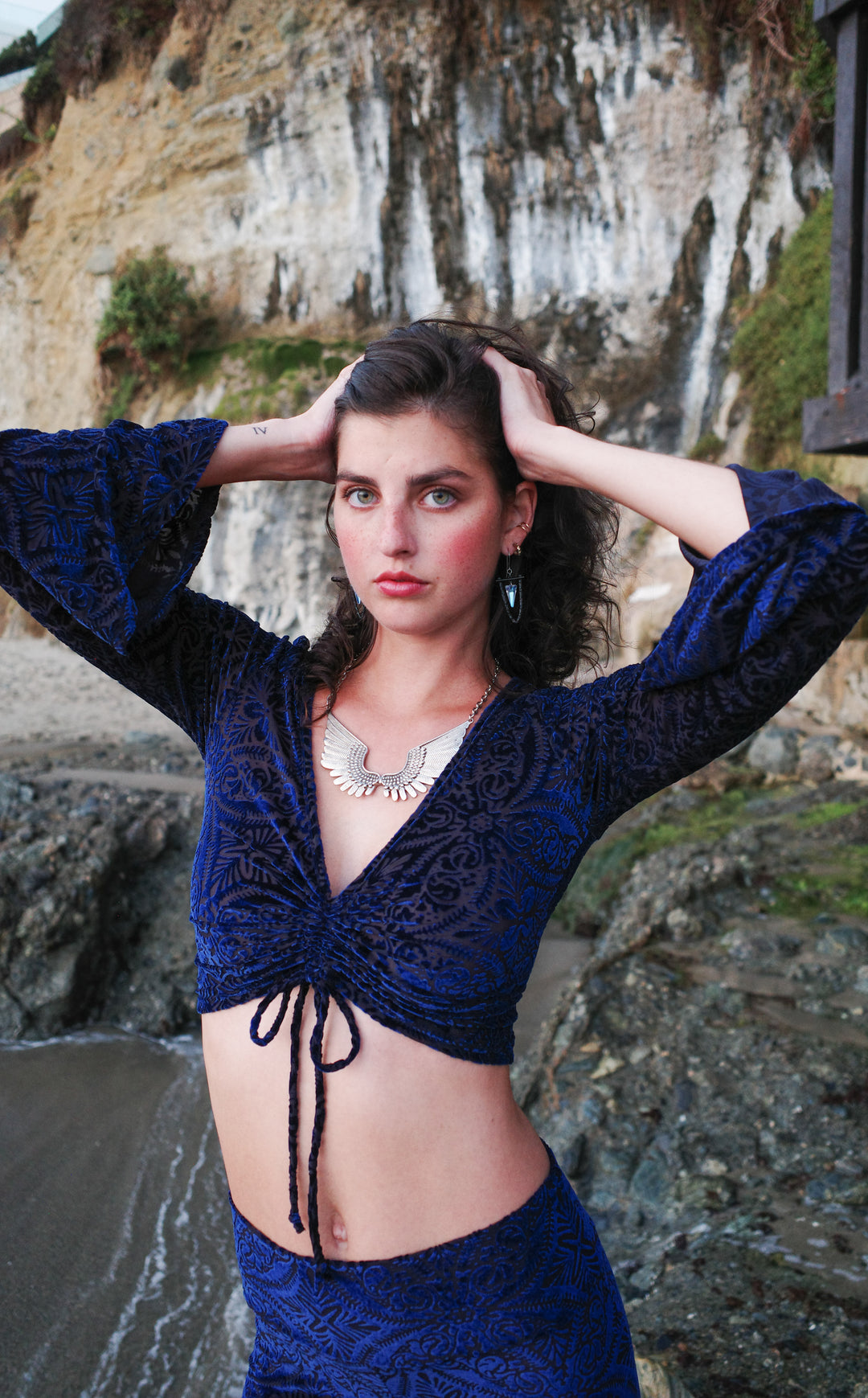 Ocean Burnout Velvet Bell Sleeve Cinch Top