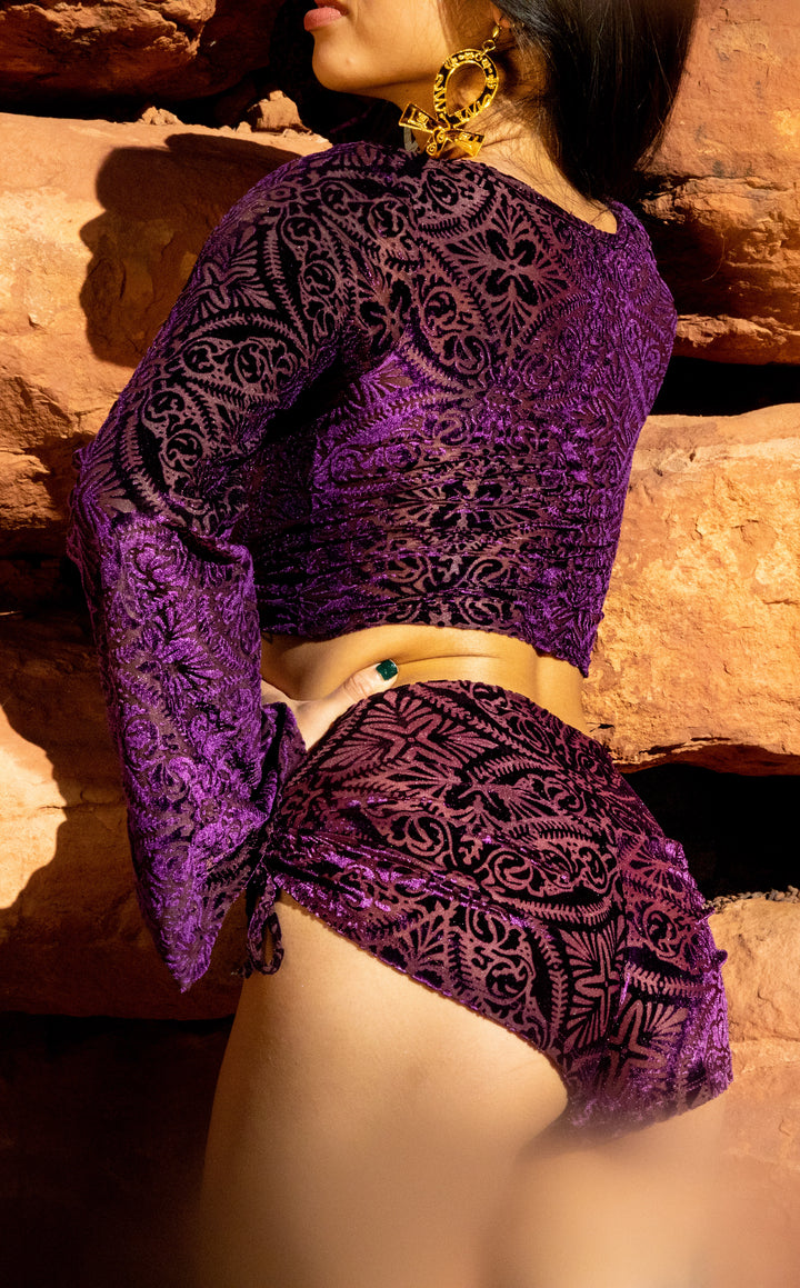 Maroon Burnout Velvet Bell Sleeve Cinch Top