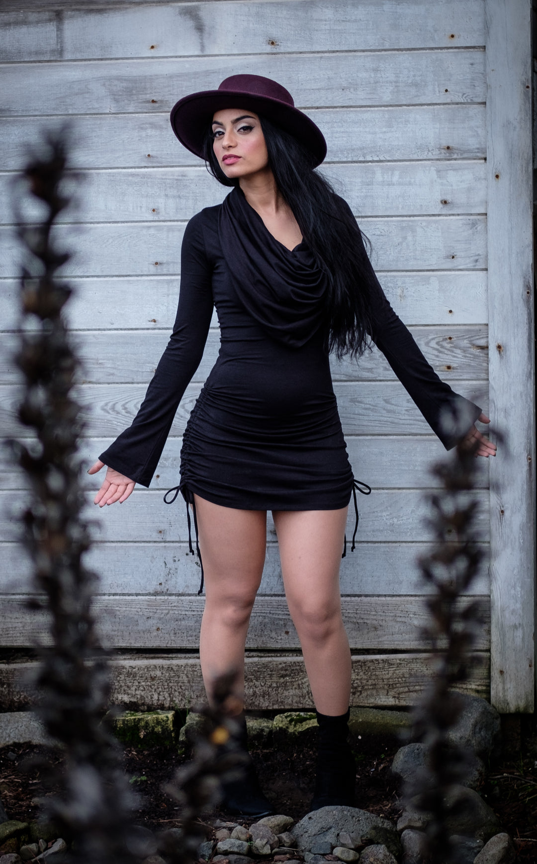 Black Bamboo Sleeved Huntress Cinch Dress