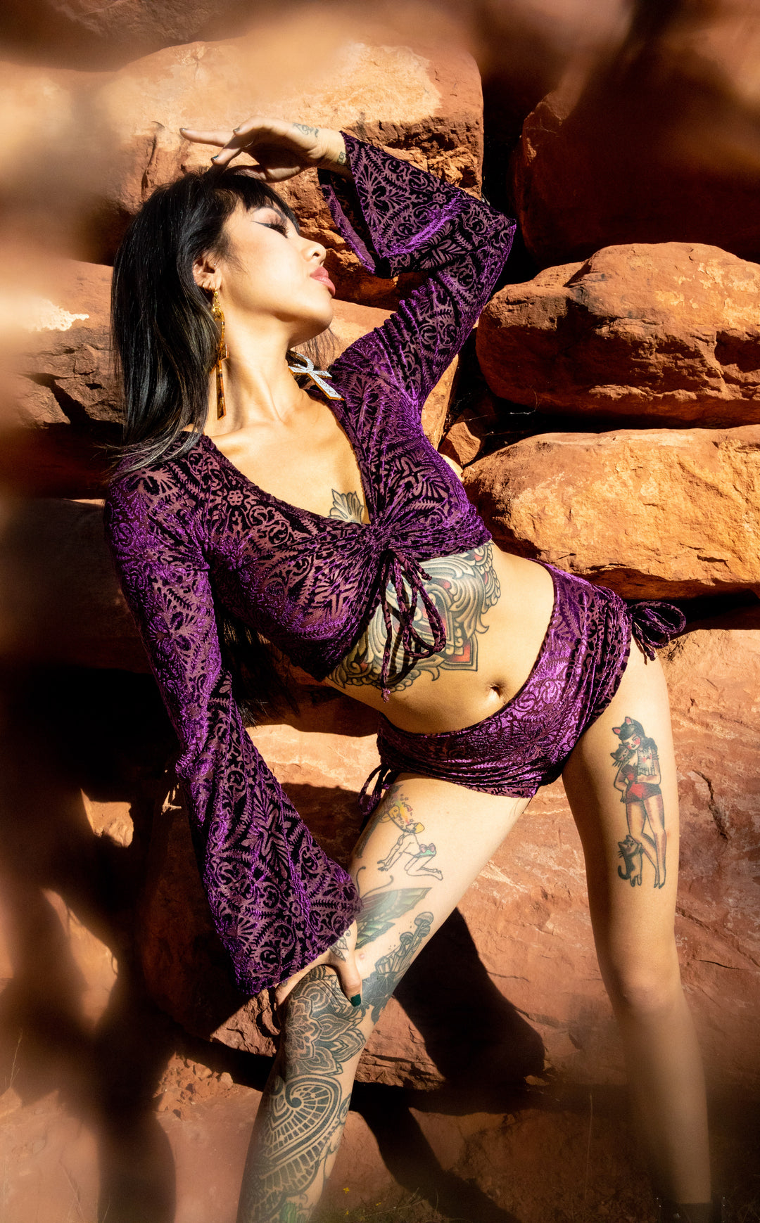 Maroon Burnout Velvet Bell Sleeve Cinch Top